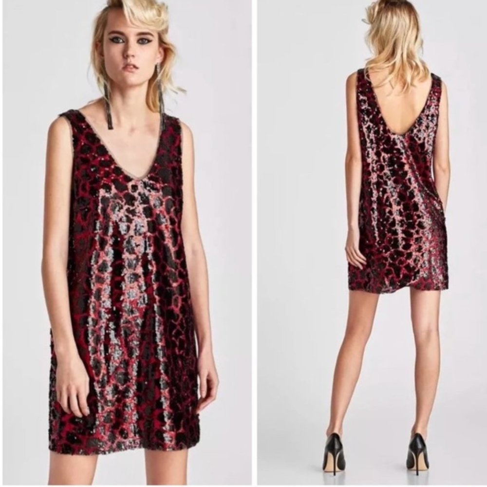 Zara Black & Red Animal Print Sleeveless V-neck Sequin Mini Dress